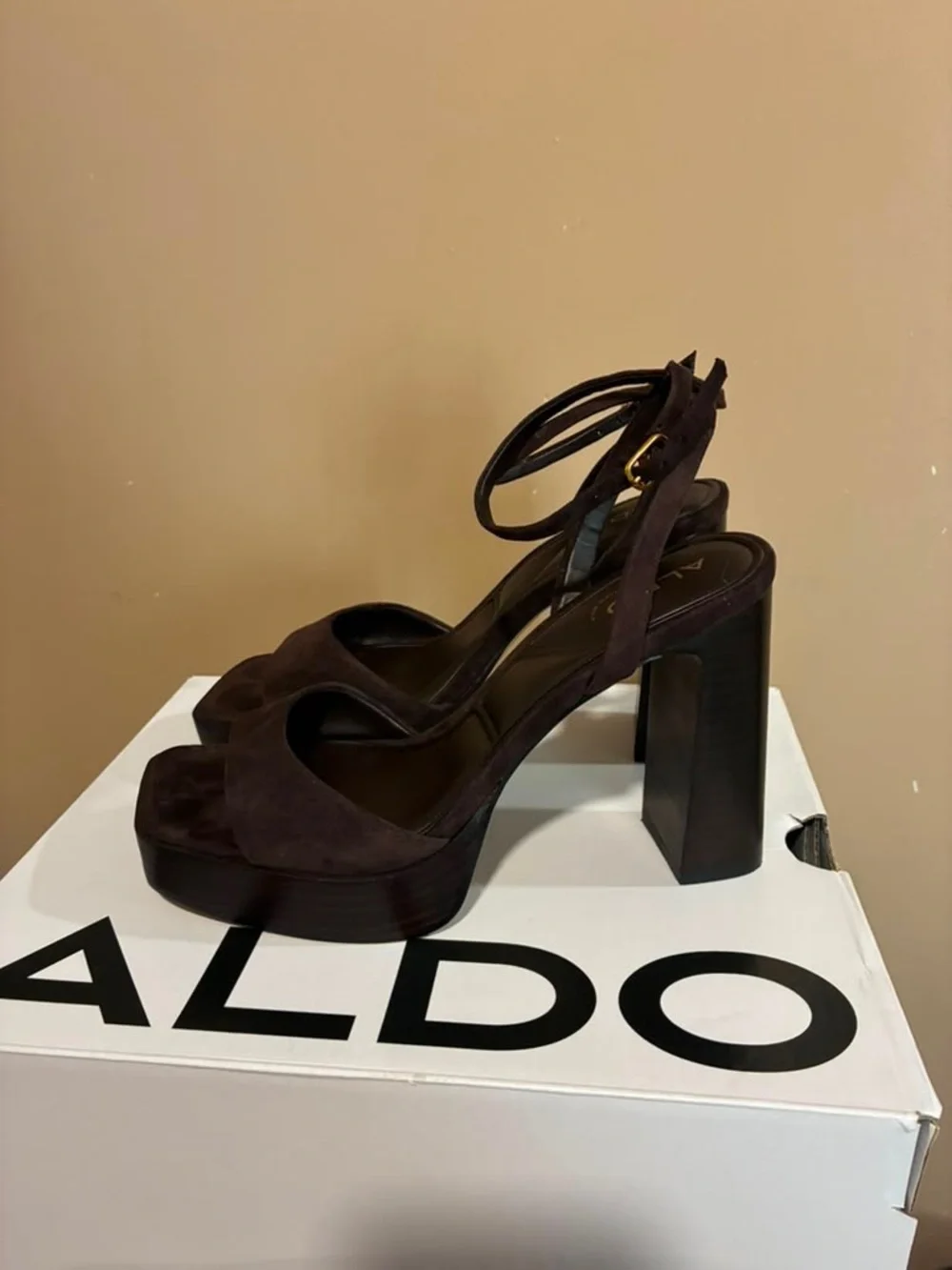 ALDO Dark Brown Suede Platform Block Heel Sandals